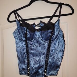 Blue Satin Corset Top with Black Lace